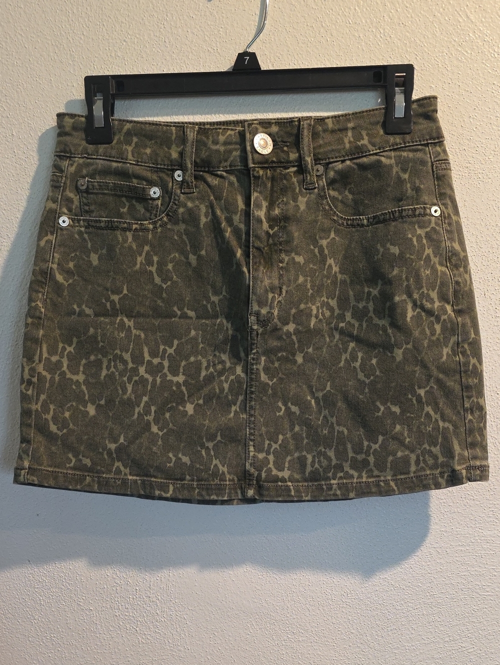 American Eagle Hi Rise Next Level Stretch Camo Denim Mini Skirt